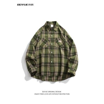 BOYUE帛躍潮流撞色格子長袖襯衫高級感日系格子工裝襯衣外套男女
