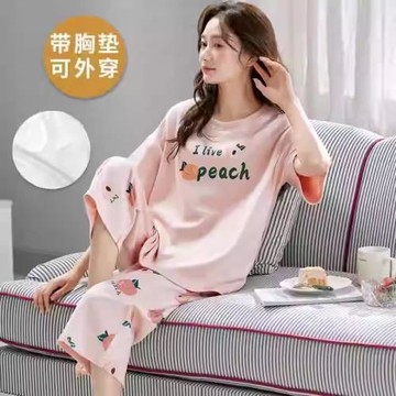 夏季帶胸墊睡衣女士可愛韓版短袖學生薄款七分褲套裝春秋款家居服
