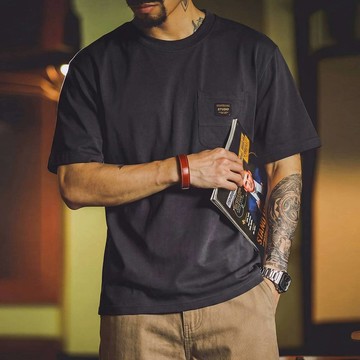 Wuluwear 美式復古工裝口袋T恤男萊賽爾涼感透氣短袖夏季寬鬆彈力休閒上衣