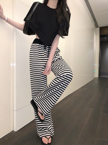 夏季新款網紅炸街時尚兩件套裝女不規則短款上衣+條紋闊腿褲