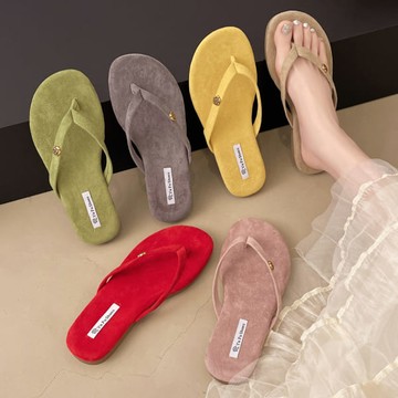 【現貨出清】夾腳鞋．多色絨布山茶花平底拖鞋．白鳥麗子