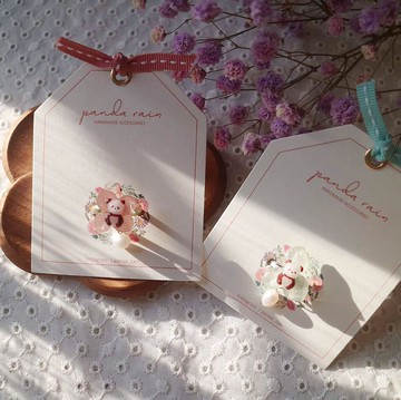 手繪熊貓寶寶繡球花巴洛克珍珠開口戒指