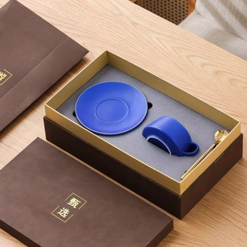 原創克萊因藍咖啡杯套裝 陶瓷杯燙金 馬克杯杯子水杯配碟勺子批發