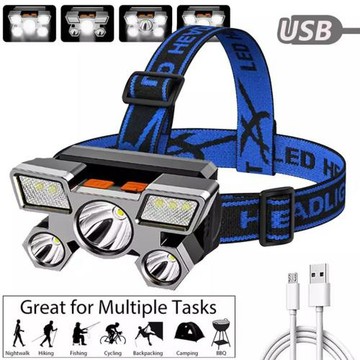 跨境新款強光頭燈led五頭飛機燈usb充電頭戴式探照燈戶外礦燈頭燈