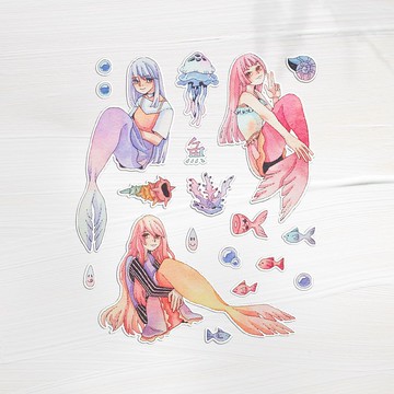 人魚手繪水彩貼紙19入