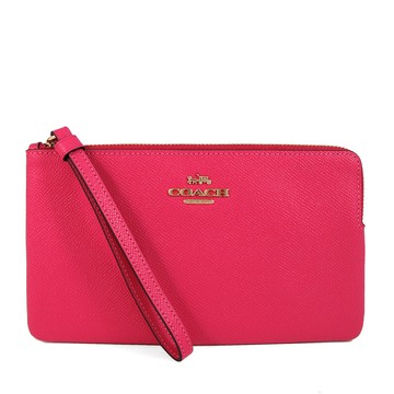COACH 金色馬車LOGO粉色荔枝紋皮革手拿包