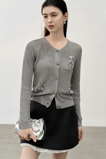 法式極簡 亞麻紗線手工亮片 慵懶感針織開衫外套