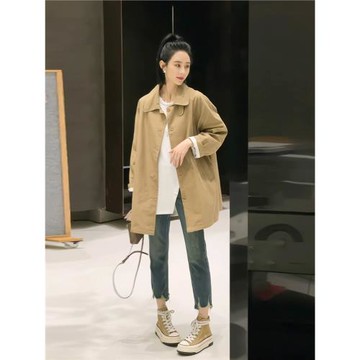 2025春秋復古小眾卡其色風衣女新款韓版寬松小個子休閑中長款外套