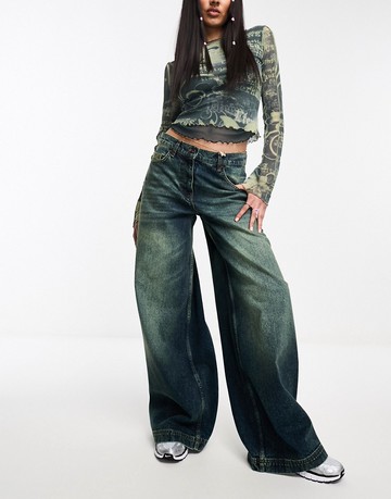 COLLUSION x023 ultra baggy jeans in green cast wash-Blue