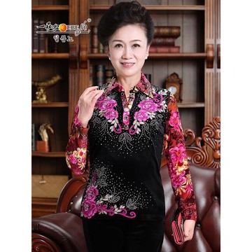 媽媽洋氣春季新款絲絨上衣時尚中老年加大碼女翻領長袖T恤奶奶裝