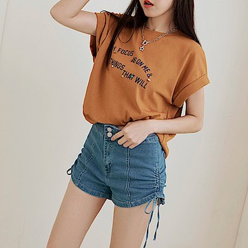 彈性棉質褲管抽繩合身牛仔短褲-OB大尺碼