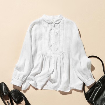 打造質感洗鍊印象的 成熟大人風襯衫式罩衫 長袖襯衫 100% 亞麻 白色 250920-1