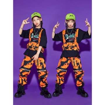 兒童街舞演出服夏機能風短袖潮服男童嘻哈hiphop表演服女童爵士舞