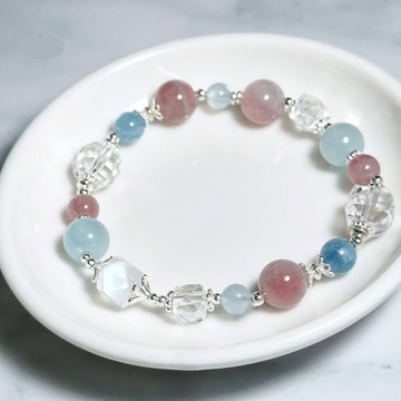 晴空的河津櫻-馬島粉晶.海水藍寶.白水晶-純銀設計款手鍊