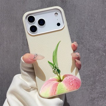 簡約桃子水果 iPhone17ProMax皮紋軟殼 蘋果16手機殼 大孔鏤空鏡頭 15plus 14 13 防摔保護殼