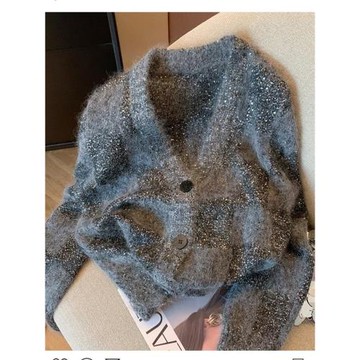 拉夏貝爾歐貨高級感灰色毛衣女春秋冬寬松慵懶風重工亮片針織開衫