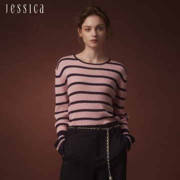 JESSICA - 羊毛設計感拼色條紋長袖針織衫J30663（粉藍）