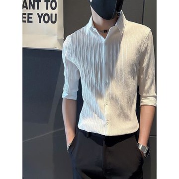 七分袖襯衫男痞帥潮流男士夏季薄款上衣修身中袖純色冰絲長袖襯衣