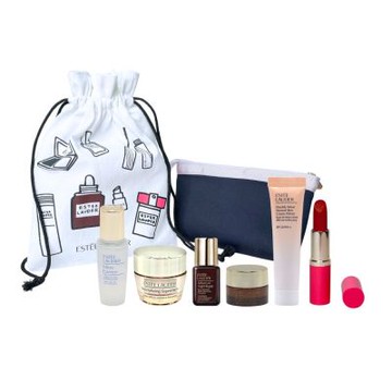 EsteeLauder 雅詩蘭黛旅行六件組(小棕眼 5ml+乖乖乳 15ml+絕美奢潤精萃唇膏#333 楓葉紅棕 3.5g+膠原霜 15ml+小棕瓶 7ml+原生露 15ml)