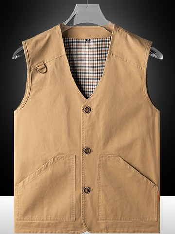男士大尺碼背心馬甲外套   秋季新品馬甲男純棉休閑大碼v領背心薄款中年坎肩春秋爸爸裝馬夾