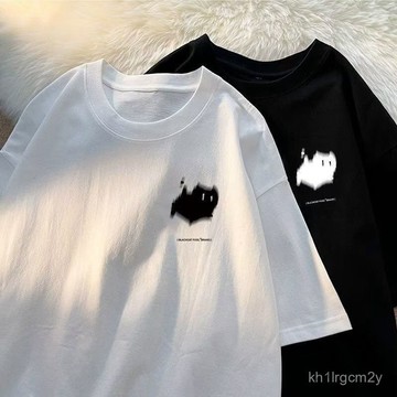 🐱 限時下殺 🐱 重磅短袖T恤韓版短t驚嚇貓咪印花oversize短袖純棉大碼白色T恤港風t恤正韓厚磅t 韓係棉質 KB