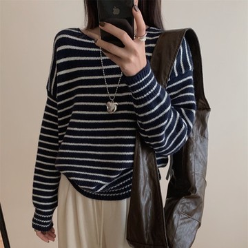 La Belleza韓版無印風休閒減齡圓領橫條紋下擺鬆緊軟糯加厚毛料保暖針織毛衣