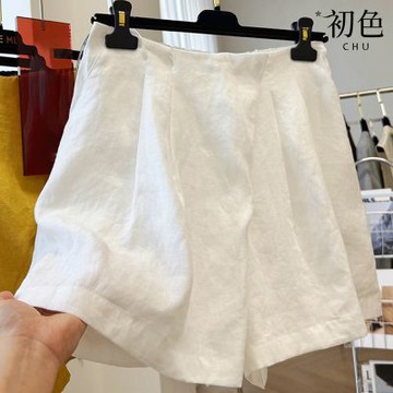 初色 簡約純色高腰寬鬆口袋A字褲休閒褲寬褲短褲-共2色-13785(M-2XL可選)