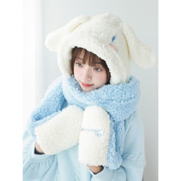 三麗鷗保暖可愛玉桂狗凱蒂貓保暖棉花絨立體三件套圍巾手套連帽萌