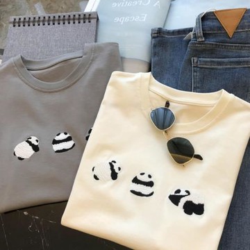 熊貓刺繡短袖套頭圓領寬松休閑T恤設計感小眾體恤正肩上衣女秋冬