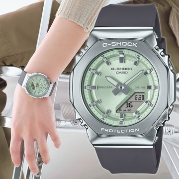 CASIO G-SHOCK 金屬時尚八角造型計時錶/粉綠X灰/GM-S2110-3A