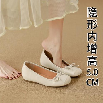 內增高~法式軟皮小香風粗跟單鞋女蝴蝶結甜美奶奶鞋平底芭蕾舞鞋