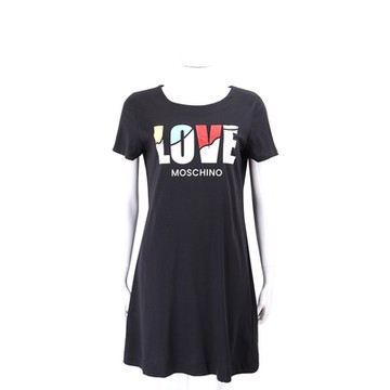 LOVE MOSCHINO 多彩字母印花純棉黑色短袖長版TEE 洋裝