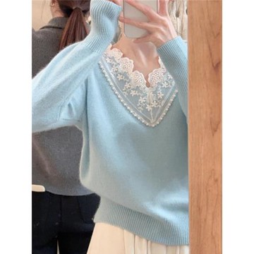 法式蕾絲針織衫釘珠小香風內搭女秋冬寬松v領毛衣絕美打底衫上衣