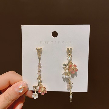 925銀針中國風長款玫瑰耳環氣質復古珍珠不對稱耳墜個性百搭耳飾