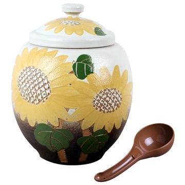 向日葵陶瓷米甕 附塑膠量米勺  5kg  黃色 + 綠色 + 白色  1組