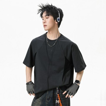 【PMS】美式潮牌異形分割男短袖 網眼拼接短袖 T恤 短袖上衣 衣服 潮T 潮流 男夏季薄款短袖 透氣寬鬆運動體恤衫