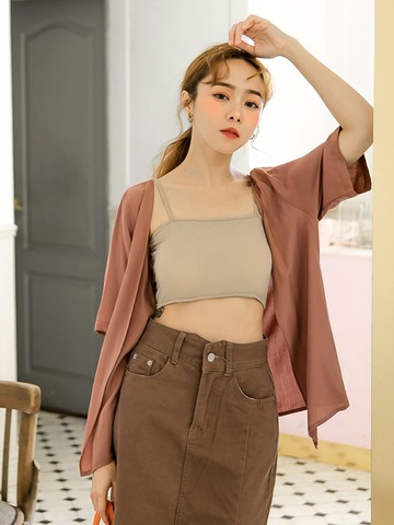 純色滿版印花寬鬆七分袖罩衫外套