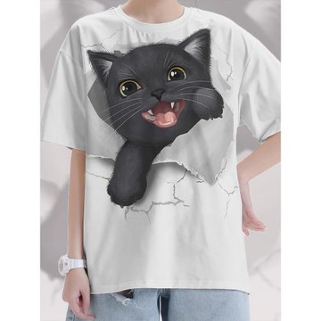 原創可愛貪玩黑貓3D立體破洞貓咪速干T恤男女夏季體恤0015設 無界