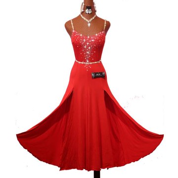 少兒拉丁舞裙舞蹈服裝比賽服演出服紅色舞裙倫巴斗牛吊帶開叉裙