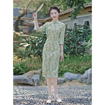 名麗2026春秋新款雪尼爾七分袖年輕款修身日常中長款改良旗袍女裙