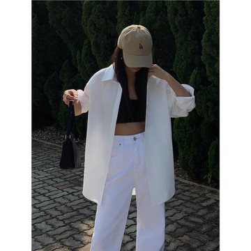 NEVA HU 白色長袖襯衫女氣質通勤韓版復古港味寬松休閑男友風襯衣