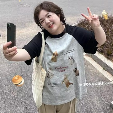 【韓版中大尺碼女裝】加大尺碼女生休閒短袖T恤 寬鬆顯瘦上衣 120公斤內可穿 胖MM300斤大尺碼女裝拼色短袖 vk2