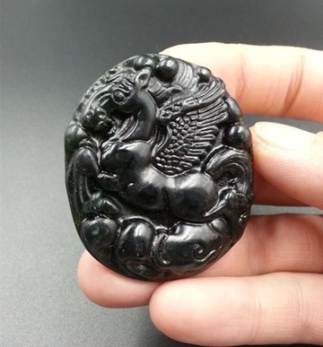 A貨 天然玉石新疆和田墨玉生肖馬飛馬玉掛件玉吊墜