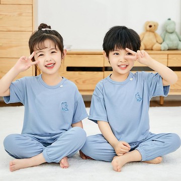 莫代爾透氣涼感短袖家居服套裝/空調服-熊熊-灰藍色