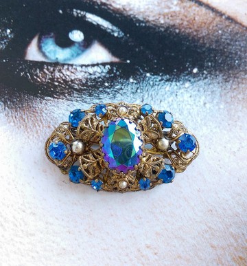 Vintage Jewelry 西洋古董飾品 德國製  金絲簍空 藍鑽 別針