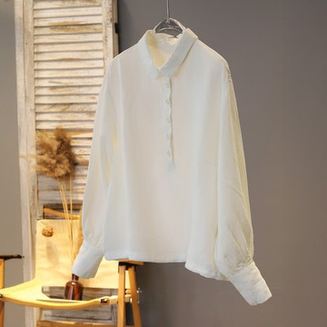 天然亞麻半開襟襯衫文藝上衣627661