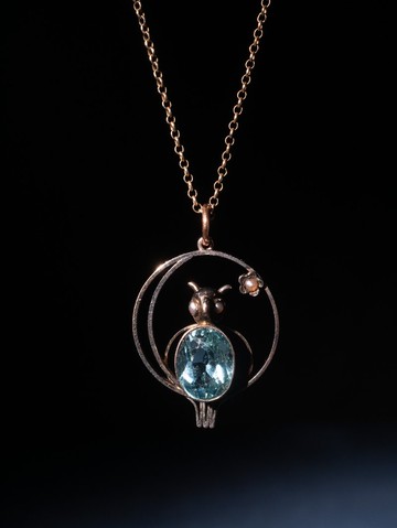 1910s 英國 愛德華時期 水藍貓頭鷹彎月吊墜