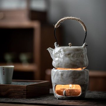 草木祠景德鎮粉引提梁壺陶瓷泡茶壺煮茶溫茶爐套裝蠟燭酒精燈底座