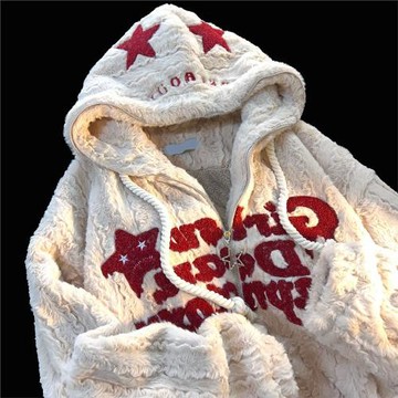 星星高級感羊羔毛外套女寬松oversize加絨加厚毛茸茸連帽棉服秋冬