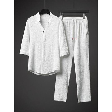 夏季套裝男中國風唐裝兩件套七分袖冰絲襯衫外套搭配一套男士夏裝